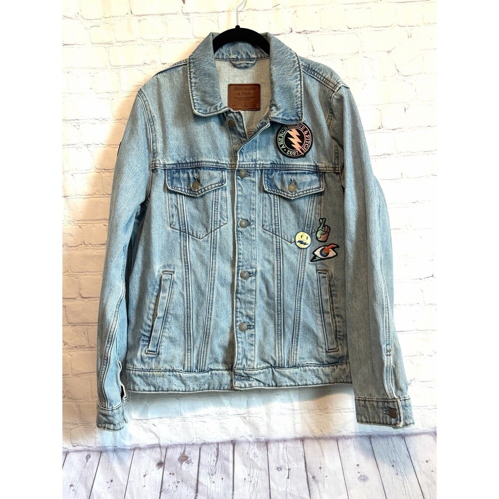 Vtg Abercrombie & Fitch Men L Denim Trucker Jacket Embroidered Patch Lightning